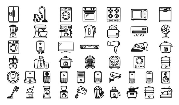 Domestic appliance monoline icon set with kitchen electronics fridge vacuum oven washing machine and smart home devices vector illustration editable stroke