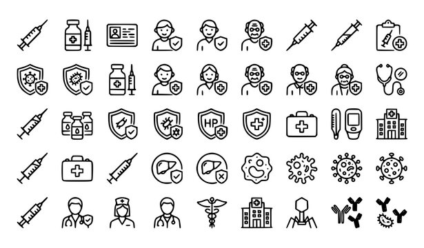 Immunization and healthcare outline icon collection with vaccines syringes disease prevention flu hepatitis measles vector set