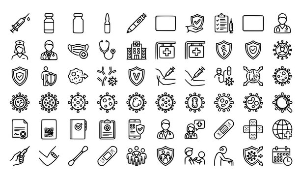 Medical vaccination monoline icon set with syringes vaccines flu hepatitis measles and immunization healthcare symbols vector illustration editable stroke