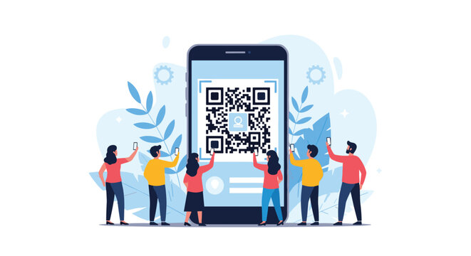 Group of small people using their smartphones to scan a massive QR code on a giant mobile phone screen for digital access.