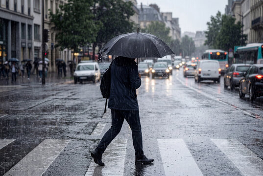 Person crossing a city street under an umbrella during heavy rain, illustrating urban weather, commuting, and daily life.