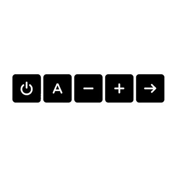 Flat design vector buttons: power, text, minus, plus, and right arrow glyphs on black squares, arranged horizontally on a white background.