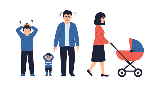 Stressed family members including a worried father and kids while a mother pushes a baby stroller, showing parenthood challenges.