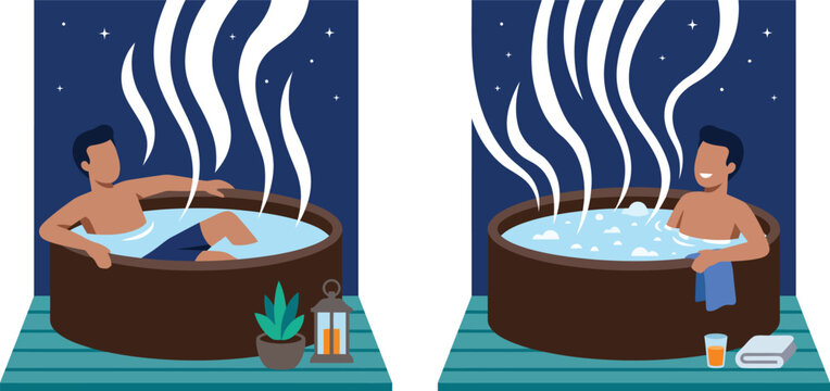 Bathing Boy Relaxing in Hot Tub with Steam and Starry Night Atmosphere, Flat Vector Illustration for Wellness and Spa Design