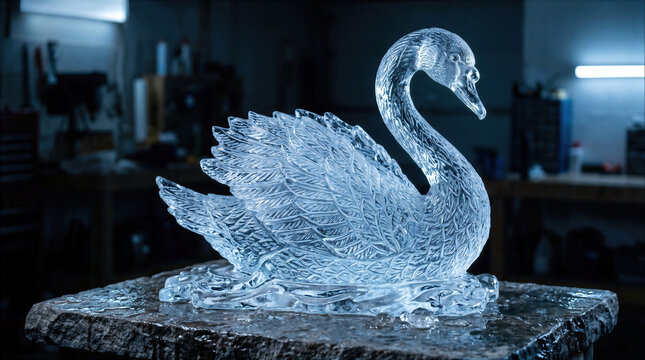 Exquisite Ice Sculpture of a Swan on a Rough Stone Pedestal in a Workshop Studio