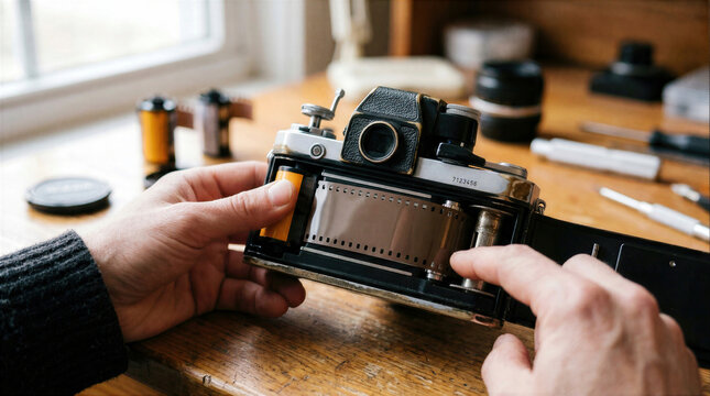 Close-up of hands loading a 35mm film roll into a vintage analog SLR camera on a wooden desk