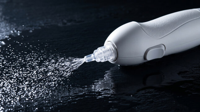 Electric toothbrush irrigator spraying water on a dark reflective surface with droplets
