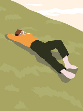 Minimalist Man Napping on Grassy Hill with Book over Face Vector
