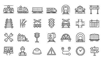 27 Railway Industry Outline Icon Set Electric Train Transport Vector EPS 10 © MD