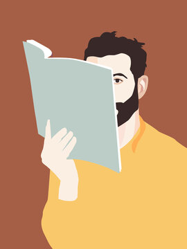 Modern Minimalist Man Peeking Behind Book Vector Illustration