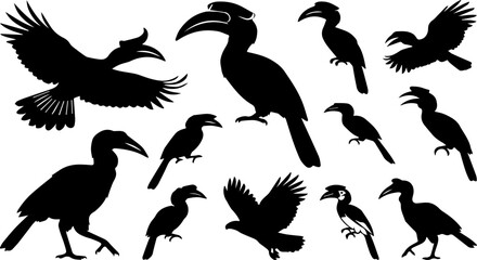 Hornbill and Tropical Bird Silhouette Set – Toucan, Perching Bird, Exotic Wildlife, Black Bird Icons © MinhajulIslam