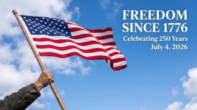 American flag waving in blue sky, Freedom Since 1776 celebration banner, 250 years of independence commemorative poster for July 4 2026