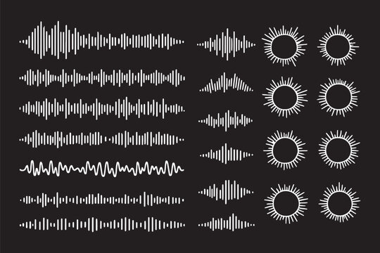 Podcast audio waveform and equalizer bars set, monochrome sound frequency lines and voice recording elements. Geometric equalizer bars, abstract ripple shapes and voice recording graphic elements. 