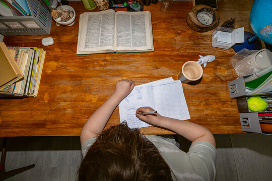A schoolboy takes notes at his desk.