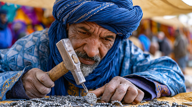 Tuareg silversmith at a market stall in the Sahel hammers intricate patterns into a pendant under a canvas awning, vibrant colorful market surroundings, tourists watching at respectful distance, tra