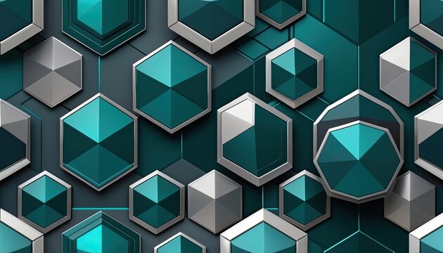Pattern of teal hexagonal prisms on dark geometric background