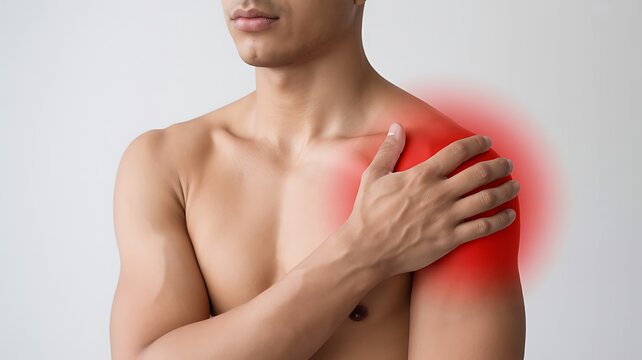 Shoulder Pain Concept 2026, Man Holding Injured Shoulder, Joint Pain Red Highlight, Medical Health Care Treatment Background Copy Space
