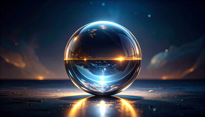 Transparent sphere reflecting celestial light on a dark background