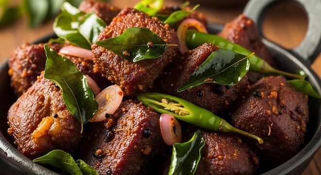 Spicy braised mutton curry with fresh herbs served in rustic copper bowl on wooden table