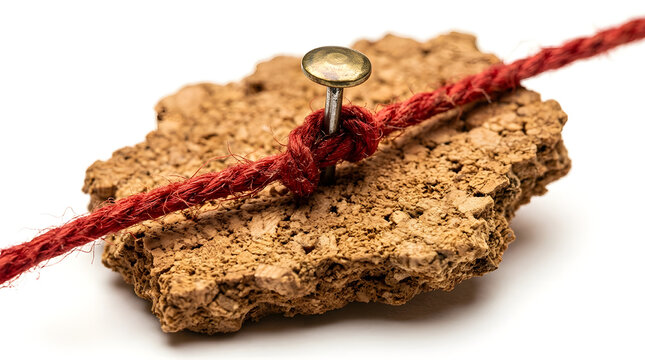 A red string is tied in a knot around a thumbtack pushed through a piece of cork, symbolizing connection and fixation in a studio shot.