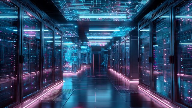 Modern data center server room with blue lighting and cables.