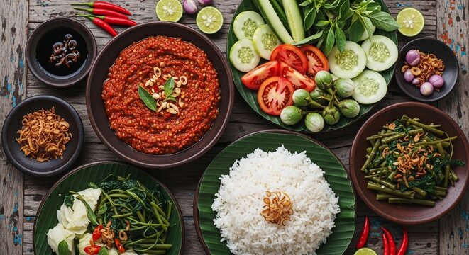 Variety of indonesian dishes rice vegetables and spicy sambal on wooden table