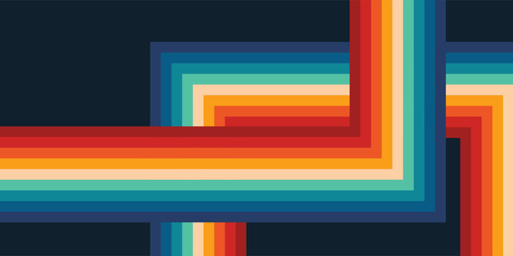Abstract colorful 70s background vector. Vintage retro style wallpaper with lines, rainbow wavy stripes. 1970 color illustration design suitable for poster, banner, decorative, wall art.