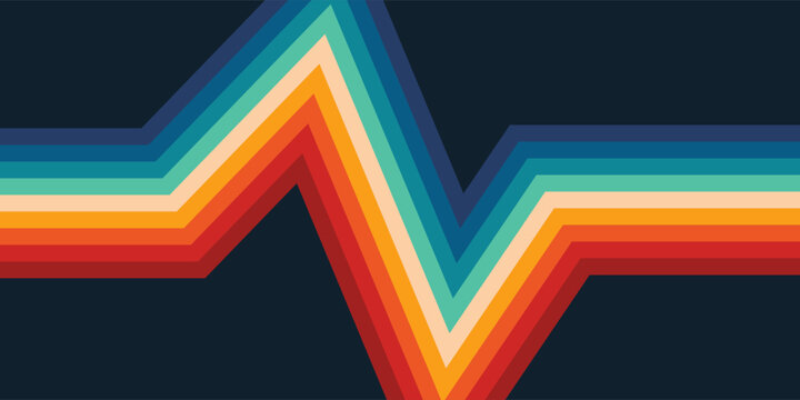 Abstract colorful 70s background vector. Vintage retro style wallpaper with lines, rainbow wavy stripes. 1970 color illustration design suitable for poster, banner, decorative, wall art.