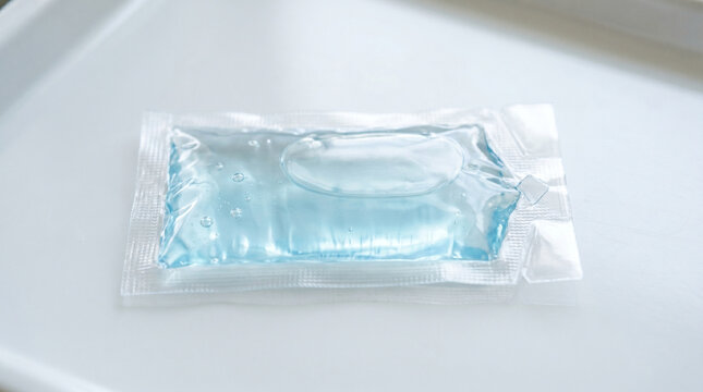 Blue wet wipe in a silver and clear plastic packaging on white background closeup view