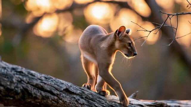 Fossa Prowling Dry Deciduous Forest of Madagascar at Golden Hour