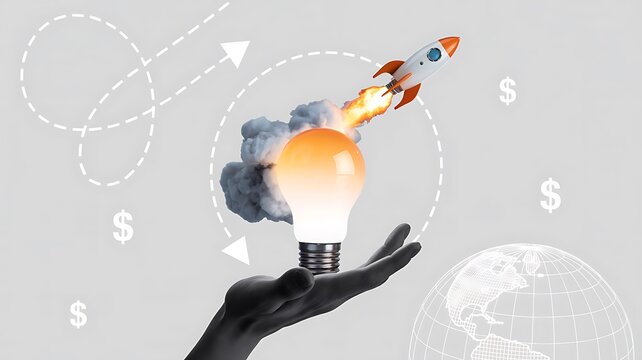 Startup Business Idea 2026, Innovation Rocket Launch Lightbulb, Hand Holding Creative Concept, Business Growth Success Background Copy Space