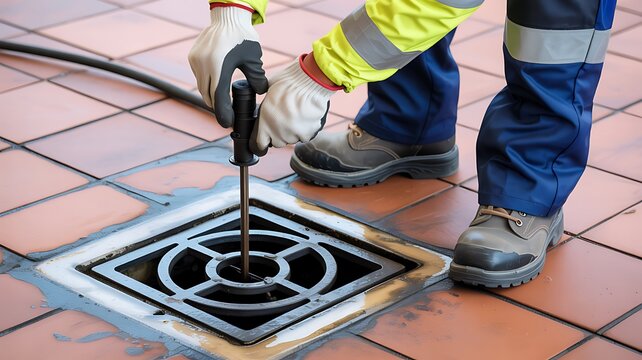 Plumber Cleaning Drain 2027 Drainage Maintenance Service, Sewer Line Cleaning Worker, Industrial Plumbing Repair Background Copy Space