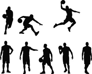 Set of basketball player silhouettes featuring men in various action poses like dunking, dribbling, and standing for sports design © Sreekhamol
