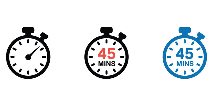 45 Minutes Timer, Stopwatch and Countdown Vector Icon Set. Time Management, Clock, Alarm, Duration Tracker and Productivity Symbols Collection for Web, App and Print Design