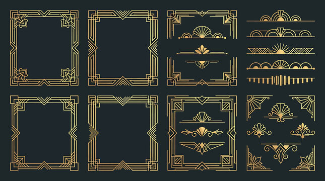 Art deco gold frames and borders set, vintage geometric vector elements for luxury invitation design