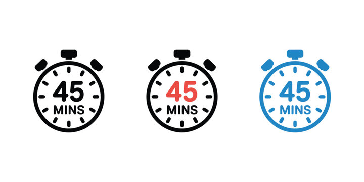 45 Minutes Timer, Stopwatch and Countdown Vector Icon Set. Time Management, Clock, Alarm, Duration Tracker and Productivity Symbols Collection for Web, App and Print Design