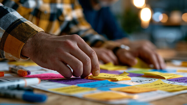Close-up of hands moving sticky note clusters across a tabletop SEO keyword map, topic authority groupings being reorganized during content sprint planning, dry-erase markers scattered nearby, conte