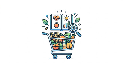 Healthy food shopping cart with open book and magnifying glass. © Iwan