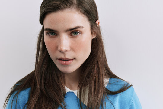 Closeup Natural Beauty Portrait Woman Looking At Camera