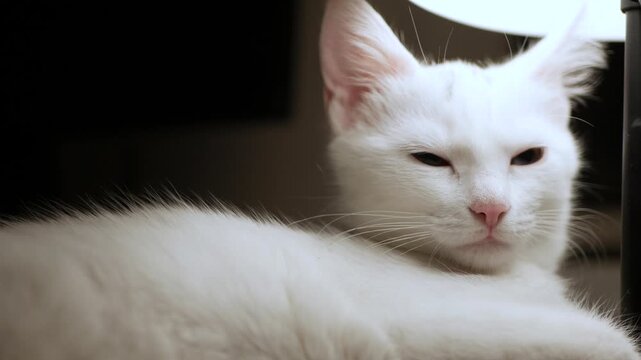 Closeup Portrait of White Cat with Big Blue and Green Eyes.