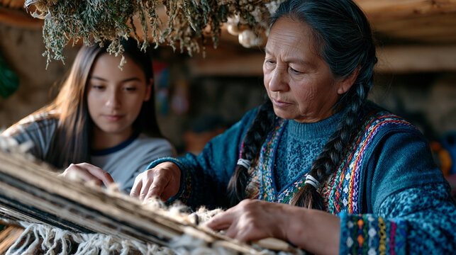 Elderly Quechua grandmother teaches teenage granddaughter to weave on a backstrap loom inside a dimly lit adobe home, hands guiding the pattern, dried herbs hanging above, rain tapping the tin roof 