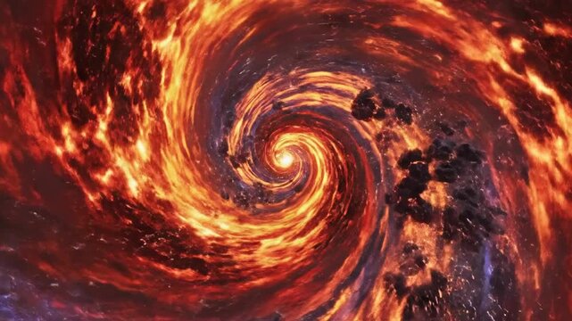 Fiery swirling vortex fills the frame with glowing embers and smoke, dramatic abstract space like scene suggests chaos and power, ideal for fantasy and sci fi themes