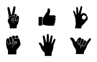 Fototapeta premium Set of 6 Black Hand Gestures Icons, Vector Graphics: Peace Sign, Thumbs Up, OK Symbol, Fist, Open Palm, Shaka Sign for Communication and Approval