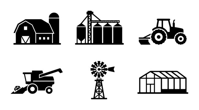 Farm Icons Set: Barn, Silos, Tractor, Combine Harvester, Windmill, Greenhouse Vector Graphics for Agriculture and Rural Life Concepts