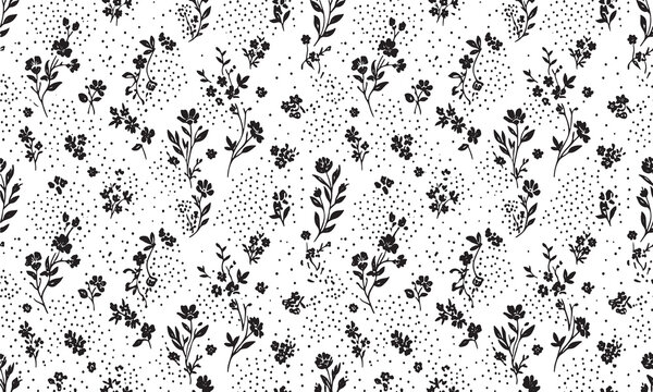 Ditsy floral seamless pattern with black and white minimalist small wild flowers and dottie textures