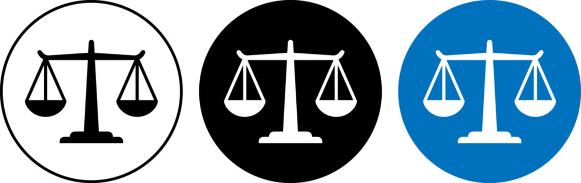 Set of three scales of justice icons in different styles