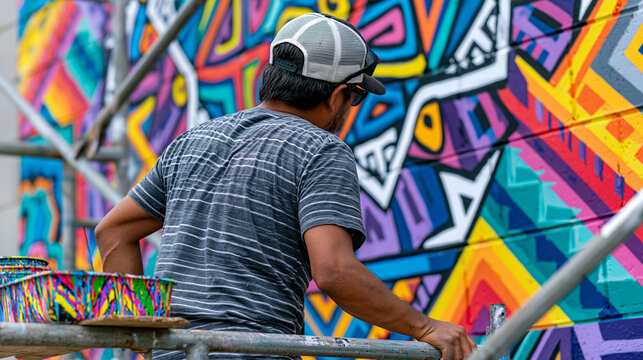 Muralist of South American descent stands back on a scaffold to assess progress on a large scale painting blending Zapotec geometric forms with urban abstraction, paint tray balanced on plank, indus