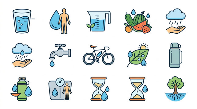 Healthy Lifestyle Icons Representing Hydration And Well Being.