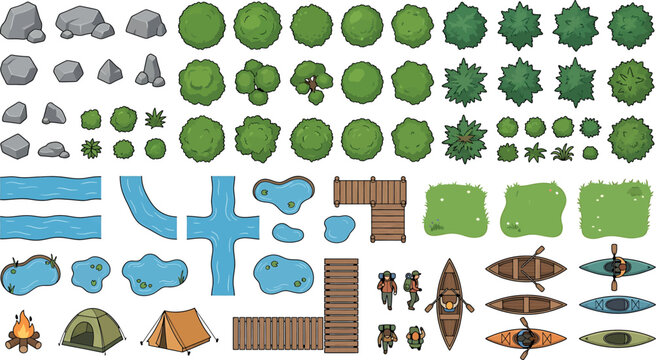 Top down view of camping and nature elements set with trees, rocks, river, lake, wooden bridge, tents, campfire, kayaks and hikers