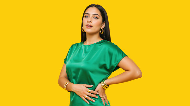 Elegant young woman in green satin top and gold jewelry posing. Fashion portrait of confident female model on bright yellow background